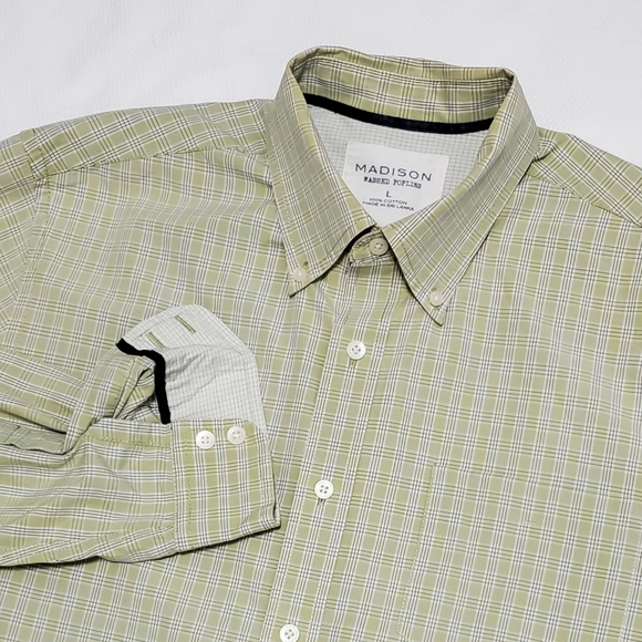 Madison Washed Cotton Poplin Long Sleeve Button Down Shirt Sage Green Large - Picture 1 of 9